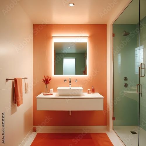Contemporary white bathroom with floating vanity, rainfall shower, and recessed lighting, centered composition