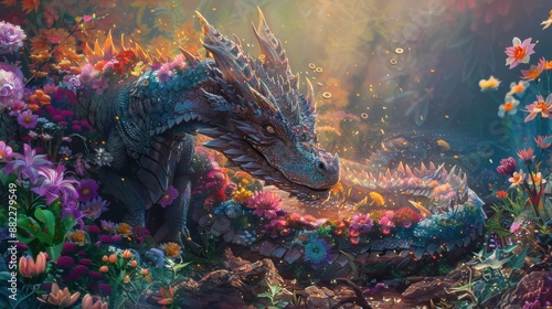 A dragon hoarding a pile of blooming treasure in a dark cave theme, front view, symbolizing mystical wealth, futuristic tone, Complementary Color Scheme