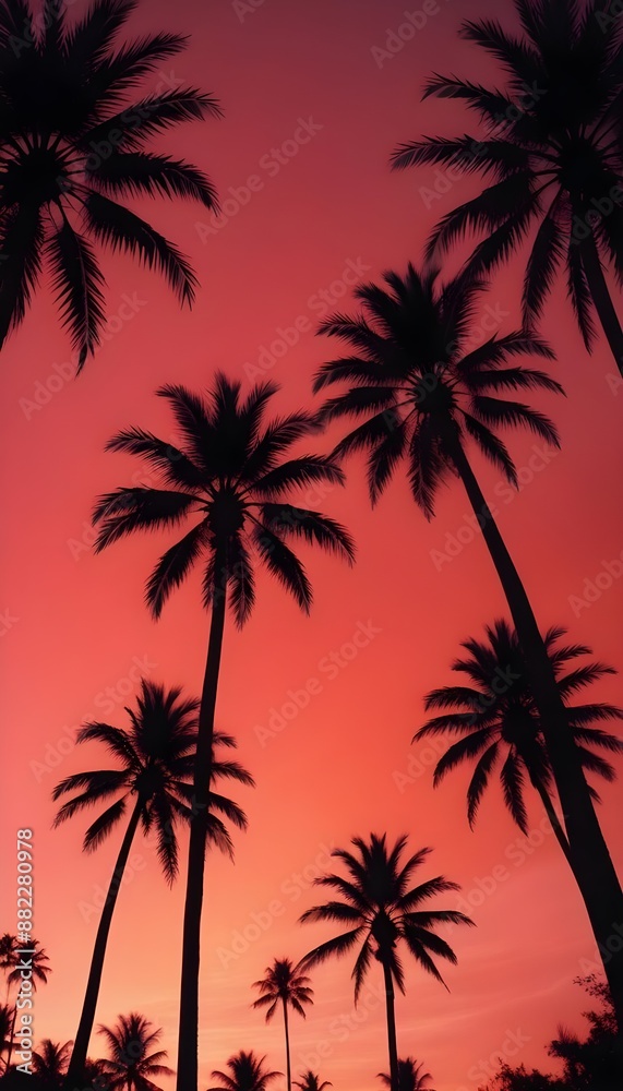 Silhouettes of palm trees stood against the tropical horizon Summer sunset painted the sky red Some clouds in the paradise scene Silhouettes of palm trees stood against the tropical horizon Summer sunset painted the sky red Some clouds in the paradise scene