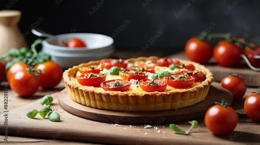Tomatoes and cheese tart with on the table. Tomatoes and cheese tart with on the table.