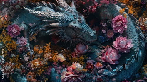A dragon hoarding a pile of blooming treasure in a dark cave theme, front view, symbolizing mystical wealth, futuristic tone, Complementary Color Scheme