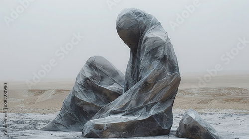 A weathered stone sculpture of a cloaked figure sits solemnly in a barren, desolate landscape, blending seamlessly with the muted, overcast surroundings photo