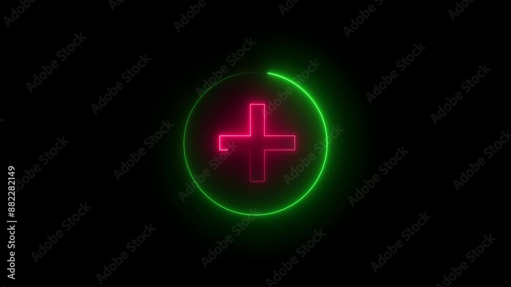 plus icon neon red color animation black background.