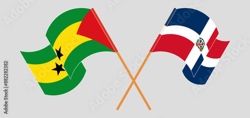 Crossed and waving flags of Sao Tome and Principe and Dominican Republic. Vector illustration
