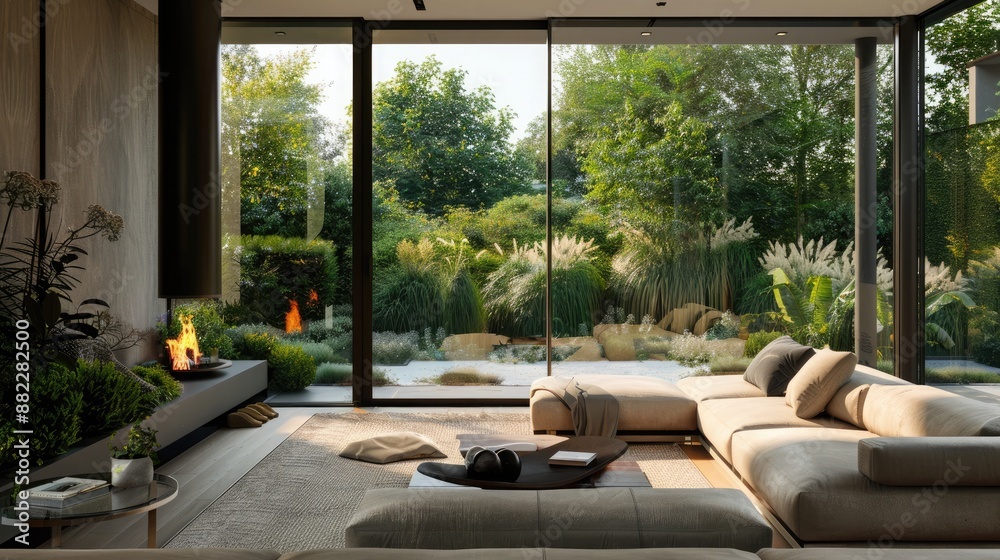 Fototapeta premium A stylish living room featuring a modern fireplace, plush sofas, and large floor-to-ceiling windows with a breathtaking garden view.