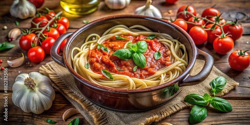 Freshly made organic vegetable marinara pasta sauce with fresh basil, oregano, and garlic, simmering in a rustic ceramic pot on a vintage wooden table.