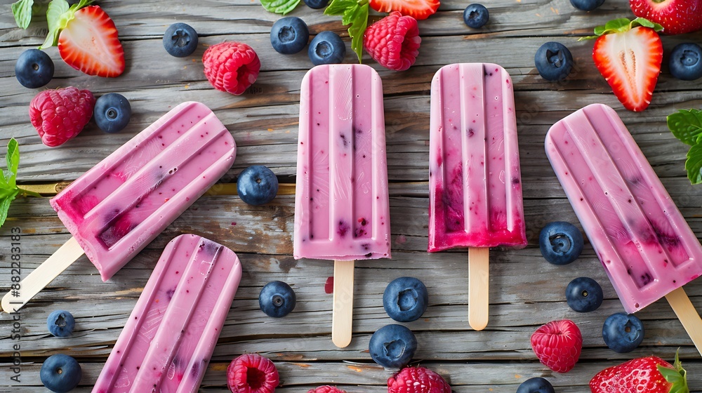 Group of homemade mixed berry yogurt popsicle on a rustic wood background Group of homemade mixed berry yogurt popsicle on a rustic wood background