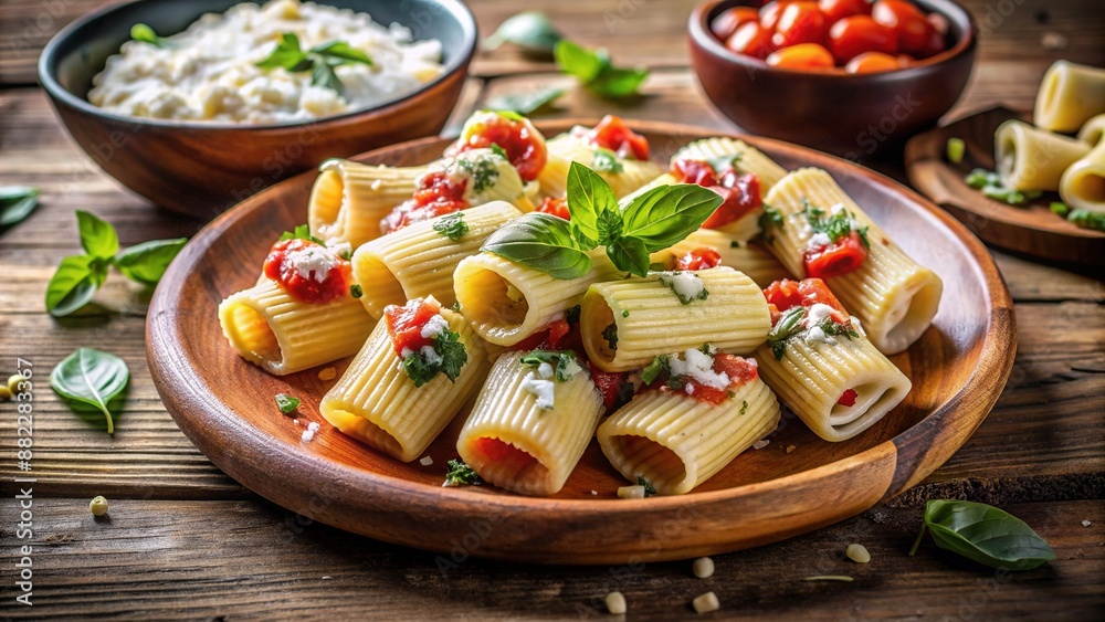 Delicious mini rigatoni pasta stuffed with ricotta and romano cheese mixture, hidden vegetables, and marinara sauce, served on a rustic wooden board.