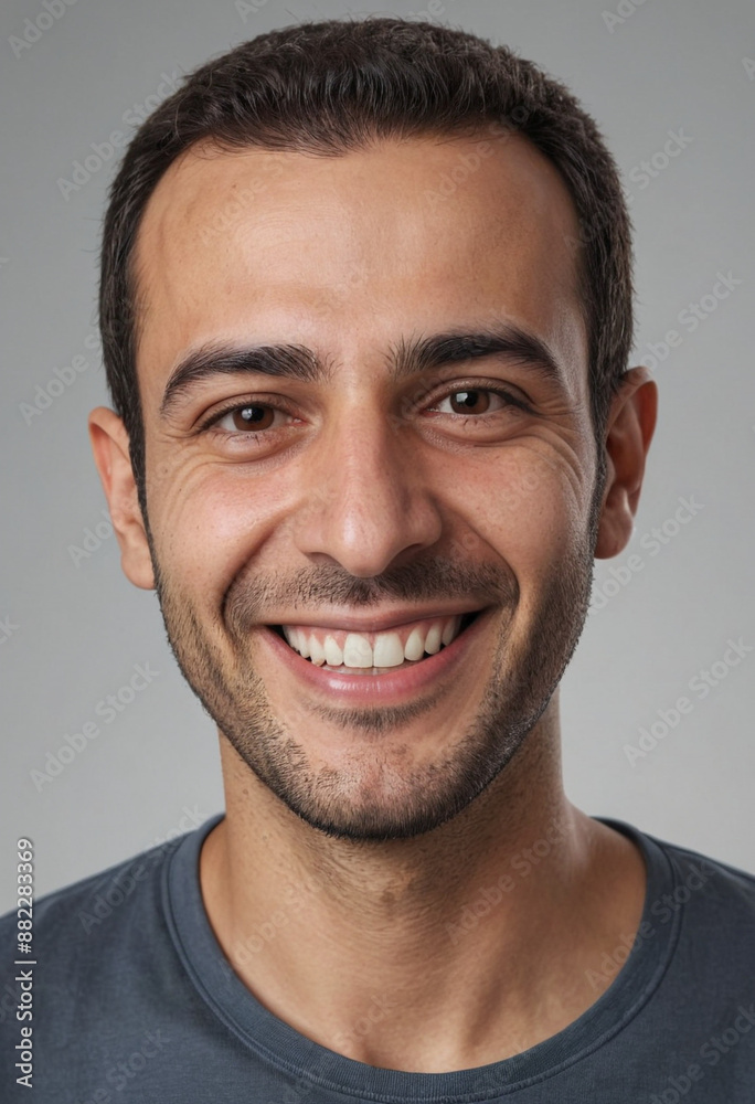 Portrait view of a regular happy smiling Syria man, ultra realistic, candid, social media, avatar image, plain solid background Portrait view of a regular happy smiling Syria man, ultra realistic, candid, social media, avatar image, plain solid background