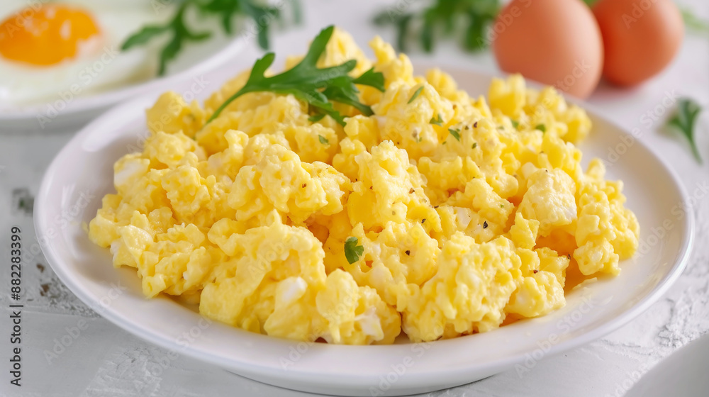 Homemade delicious scrambled eggs on breakfast on white plate Homemade delicious scrambled eggs on breakfast on white plate