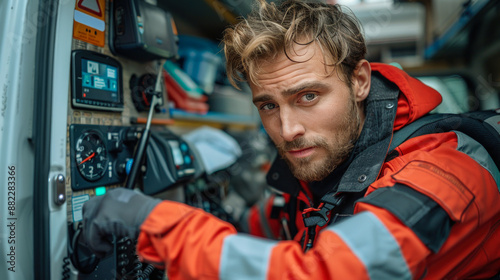 Compassionate Paramedic in Ambulance Checking Vital Emergency Equipment