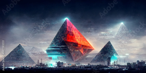 3d render of abstract art city landmark landscape with surreal Egypt futuristic cyberpunk style urban city with big pyramids with neon glowing lights inside in blue azure and purple color