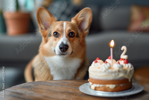 Meme Corgi dog and birthday cake with candle number two, celebrating second birthday celebration pet birthday concept photo