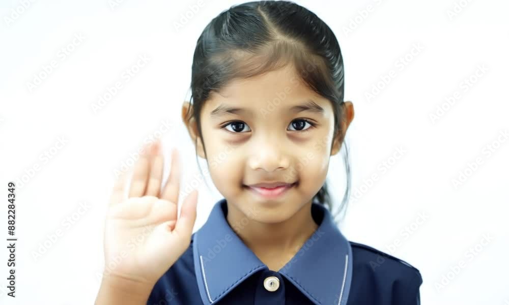 Young asian schoolgirl in uniform poses against a white background, exuding a serious yet innocent expression. With brown eyes and dark hair, she radiates youth and childhood innocence Young asian schoolgirl in uniform poses against a white background, exuding a serious yet innocent expression. With brown eyes and dark hair, she radiates youth and childhood innocence