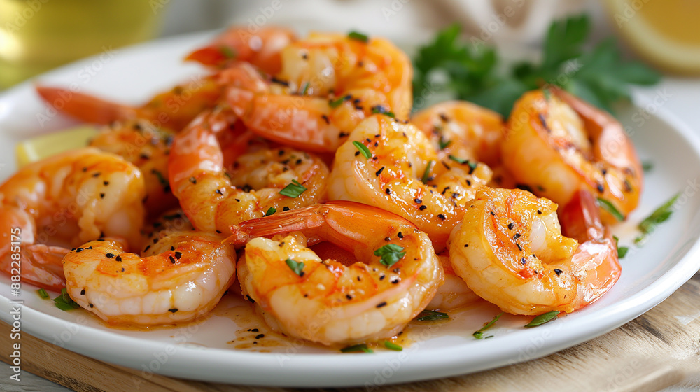Boiled and grilled shrimp with a crispy crust with citrus decorated with greens on white plate Boiled and grilled shrimp with a crispy crust with citrus decorated with greens on white plate