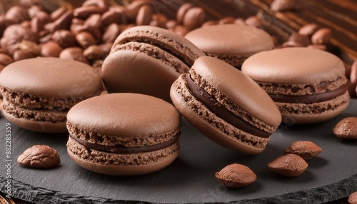 Coffee flavored macaron with a cup of hot black coffee
