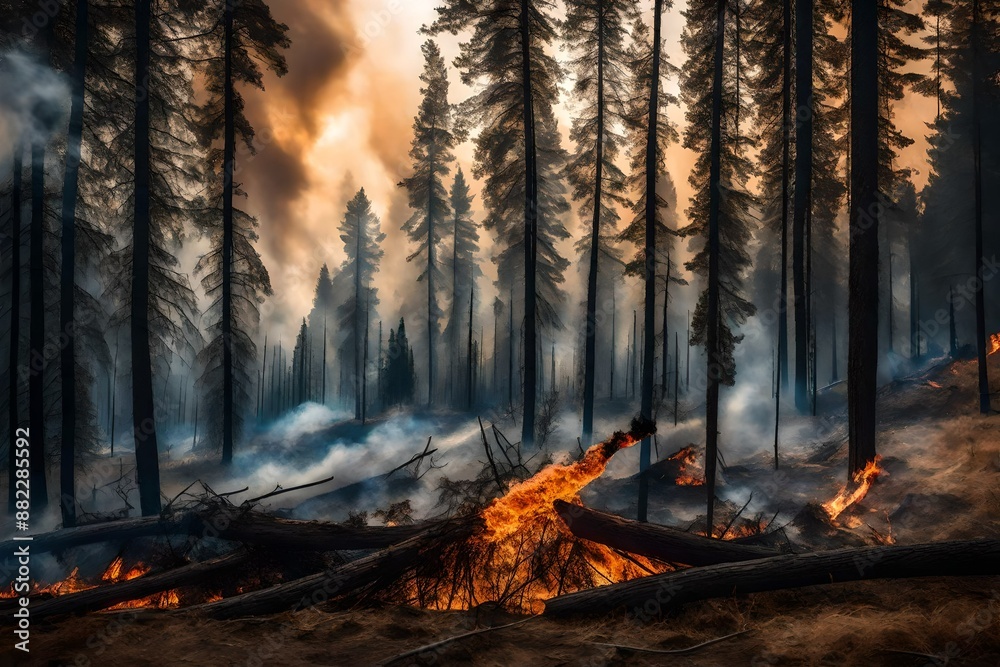 Obraz premium Forest fire. fallen tree is burned to the ground a lot of smoke when vildfire.