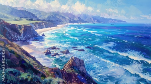 Northern California Coast. Pacific Ocean Beach in Big Sur with Blue Sea