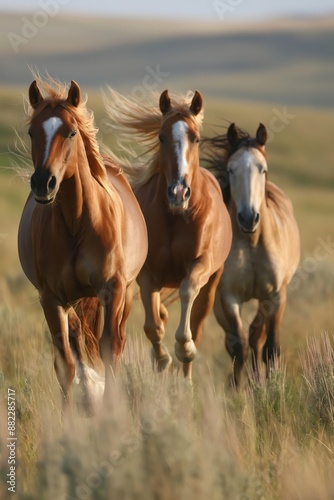 Wild horses galloping through grassland