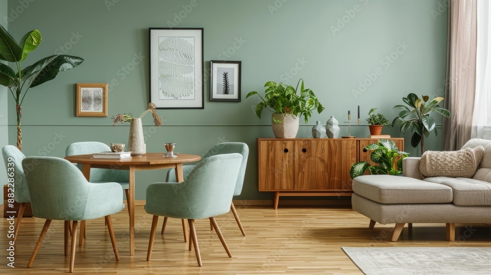 Fototapeta premium A stylish mid-century living space featuring mint chairs around a round wooden dining table, an elegant sofa, and a modern cabinet set against a green wall,