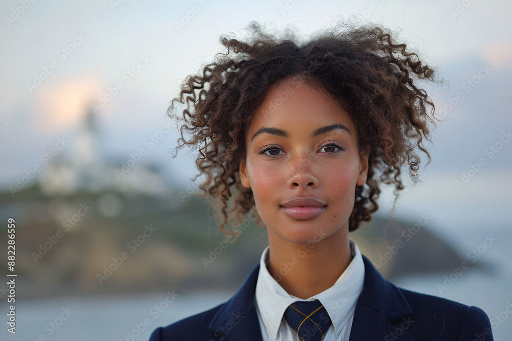 Peaceful and introspective, a young woman in a navy blazer overlooks a serene sea landscape, embodying quiet confidence Peaceful and introspective, a young woman in a navy blazer overlooks a serene sea landscape, embodying quiet confidence