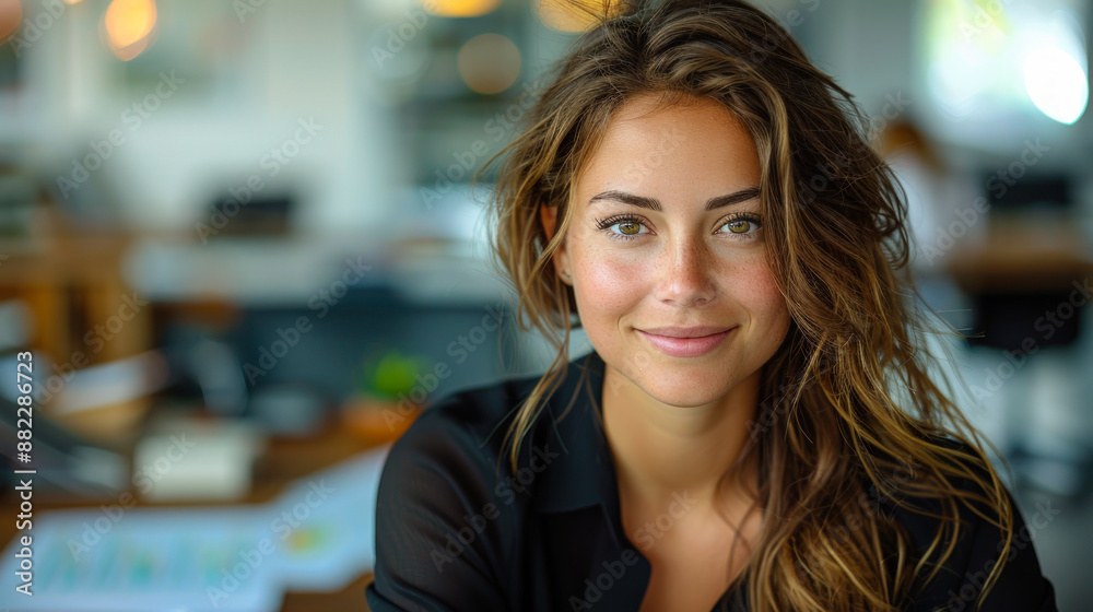 Confident Female Accountant at Tidy Desk in Bright Modern Office Setting Confident Female Accountant at Tidy Desk in Bright Modern Office Setting