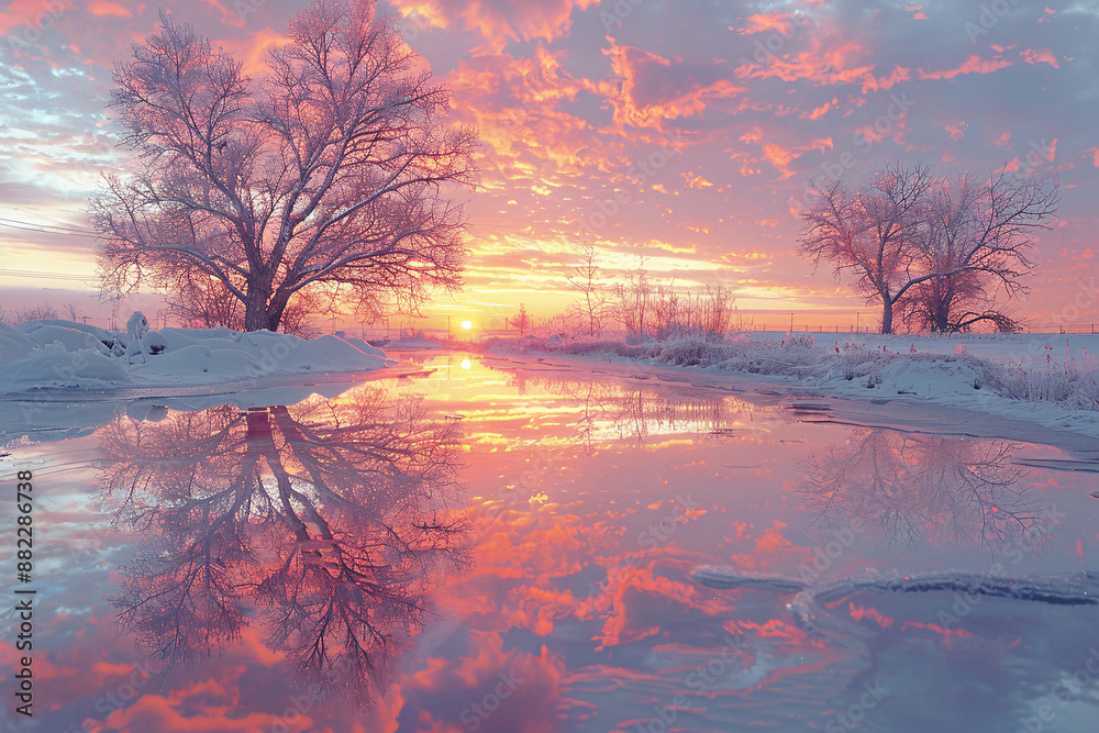 Stunning winter sunrise with vibrant pink and orange skies reflected in a tranquil waterway, framing a snow-covered tree, creating a dreamlike, mirrored landscape Stunning winter sunrise with vibrant pink and orange skies reflected in a tranquil waterway, framing a snow-covered tree, creating a dreamlike, mirrored landscape
