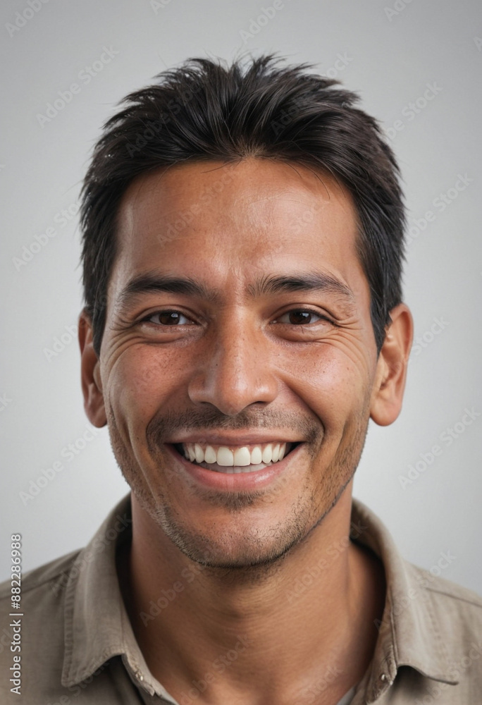 Portrait view of a regular happy smiling Bolivia man, ultra realistic, candid, social media, avatar image, plain solid background