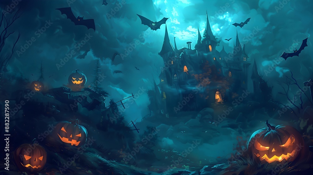 Fototapeta premium Spooky Halloween Background: Jack-o'-Lanterns and Pumpkins for October Festivities. Wallpaper for halloween. Spooky graveyard background.
