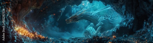 A dragon hoarding a pile of blooming treasure in a dark cave theme, front view, symbolizing mystical wealth, futuristic tone, Complementary Color Scheme