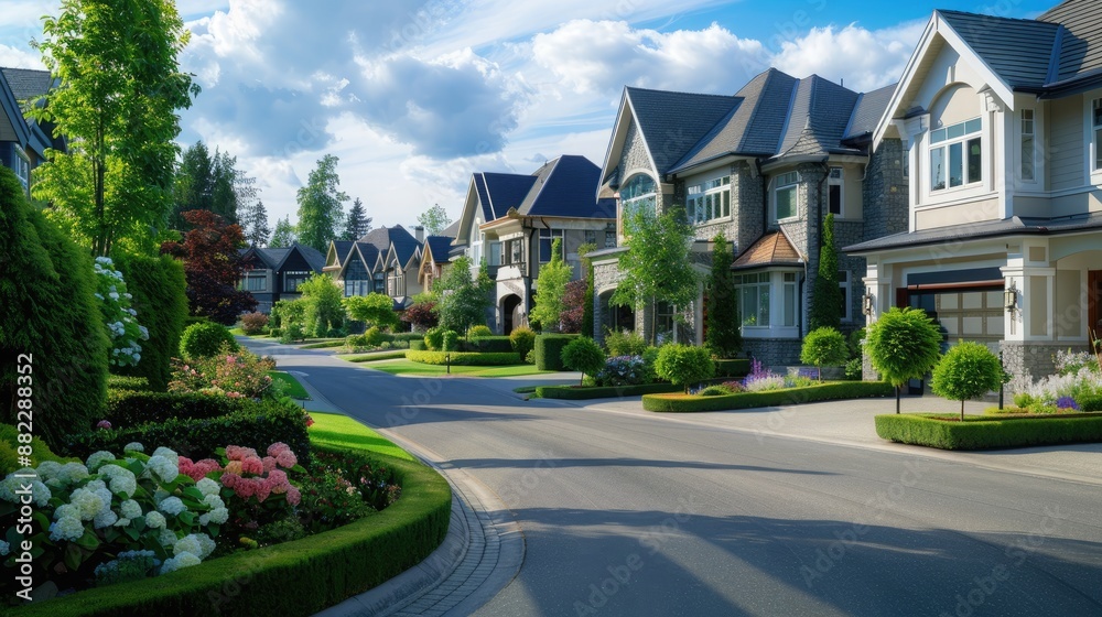 A suburban cul-de-sac lined with luxurious mansions boasting expansive gardens and private driveways. A suburban cul-de-sac lined with luxurious mansions boasting expansive gardens and private driveways.