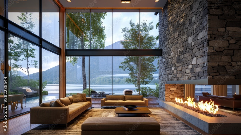 Fireplace With View. Modern Luxury Living Room Interior Design with Stone Fireplace and Comfortable Sofa