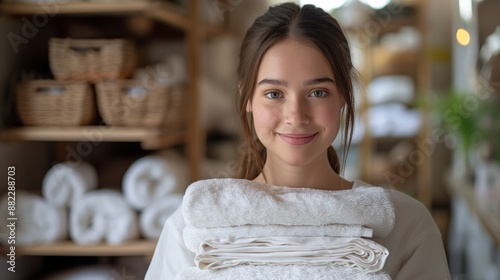 Woman smiling while holding folded towels in a neatly organized room with baskets on shelves.