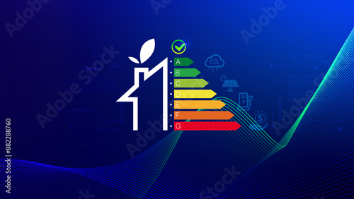 Energy efficiency concept, energy efficiency rating for energy efficient house building rate label audit, Renewable energy concept. for background.