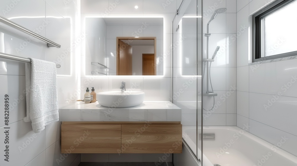 Modern minimalist bathroom with a sleek vanity, glass shower, and neutral tones creating a serene and spa-like atmosphere focusing on simplicity and clean design High Resolution picture, , Minimalism, Modern minimalist bathroom with a sleek vanity, glass shower, and neutral tones creating a serene and spa-like atmosphere focusing on simplicity and clean design High Resolution picture, , Minimalism,