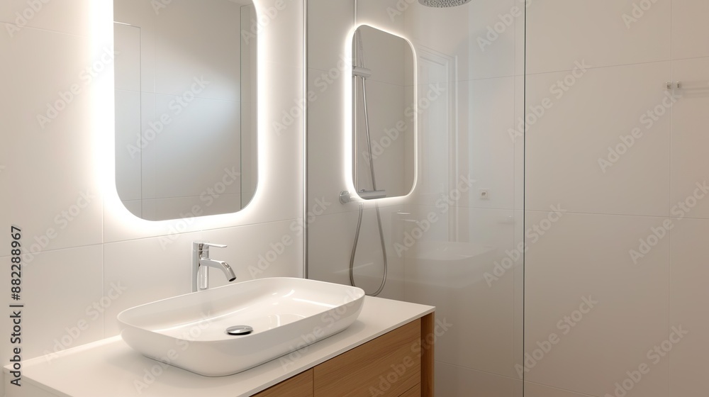Modern minimalist bathroom with a sleek vanity, glass shower, and neutral tones creating a serene and spa-like atmosphere focusing on simplicity and clean design High Resolution picture, , Minimalism, Modern minimalist bathroom with a sleek vanity, glass shower, and neutral tones creating a serene and spa-like atmosphere focusing on simplicity and clean design High Resolution picture, , Minimalism,