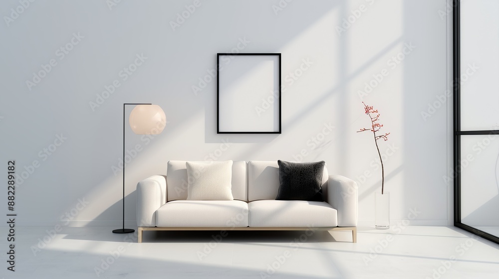Fototapeta premium Modern minimalist living room featuring sleek furniture, neutral tones, and clean lines creating a serene and uncluttered space showcasing simplicity and elegance High Resolution picture, ,