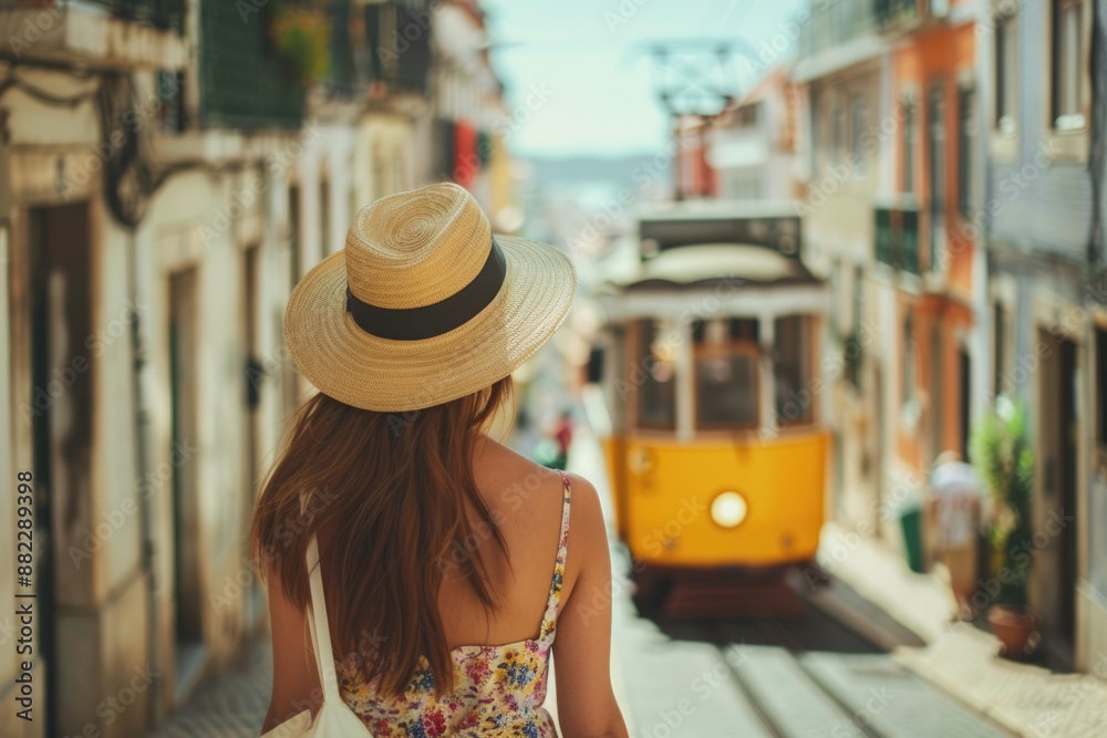 Lisbon Tourist Attraction. Woman Tourist Exploring Old Town with Famous Yellow Funicular Tram on Summer Day Lisbon Tourist Attraction. Woman Tourist Exploring Old Town with Famous Yellow Funicular Tram on Summer Day