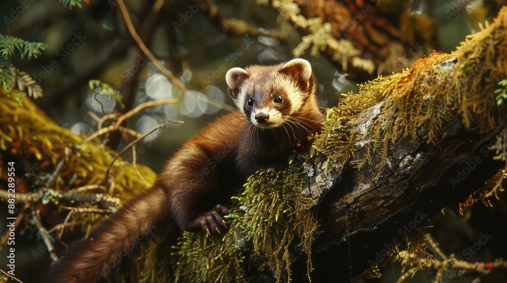 Fototapeta premium Mustela Nigripes. American Ferret: A Predatory Mammal in Green Moss with Tree Branch