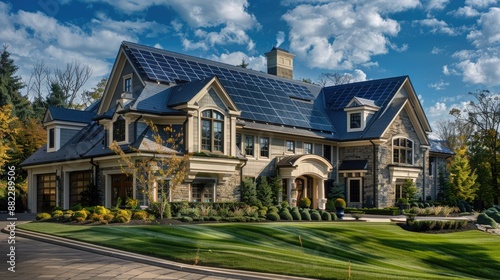 A suburban mansion with sprawling grounds, its imposing facade softened by the presence of solar panels, symbolizing a commitment to sustainability and innovation.
