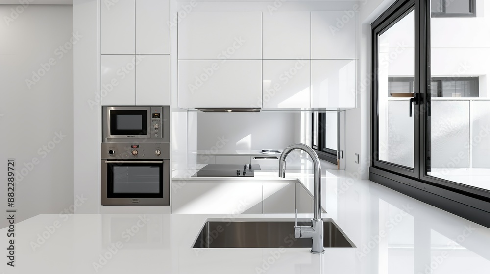 Contemporary kitchen with minimalist design, sleek cabinetry, and clutter-free countertops emphasizing functionality and clean, modern aesthetics in home interior design High Resolution picture, ,