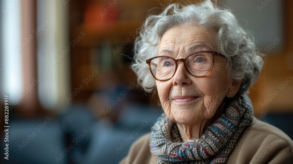 A kind elderly woman with grey hair and glasses smiles warmly at the camera.