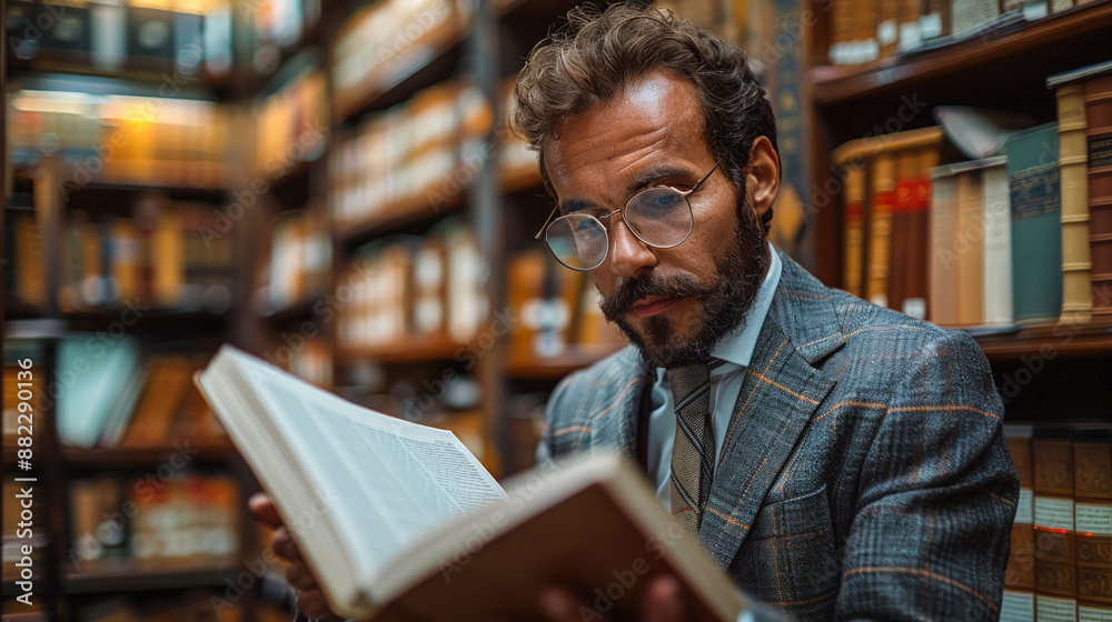 Focused Lawyer Reading in Law Library | Professional Legal Art
Focused Lawyer Reading in Law Library | Professional Legal Art