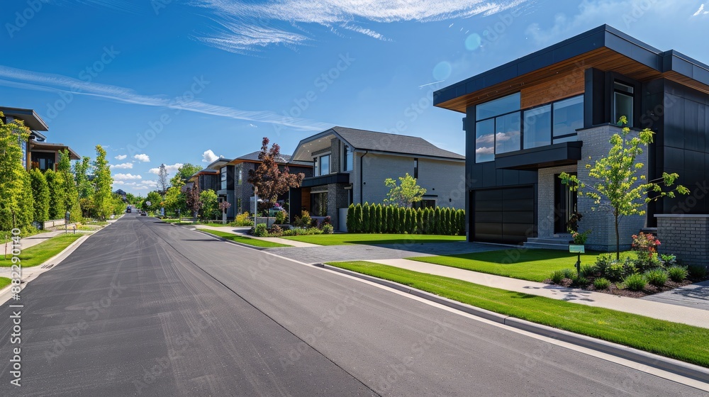 A suburban street adorned with modern houses featuring sleek designs and manicured lawns. A suburban street adorned with modern houses featuring sleek designs and manicured lawns.