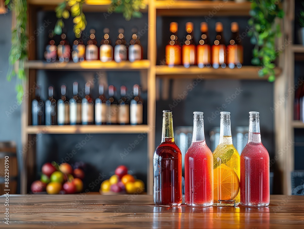 selection of colorful bottled drinks arranged on a wooden counter, with shelves of various bottles and fresh fruits in the background, creating a vibrant and inviting atmosphere. selection of colorful bottled drinks arranged on a wooden counter, with shelves of various bottles and fresh fruits in the background, creating a vibrant and inviting atmosphere.