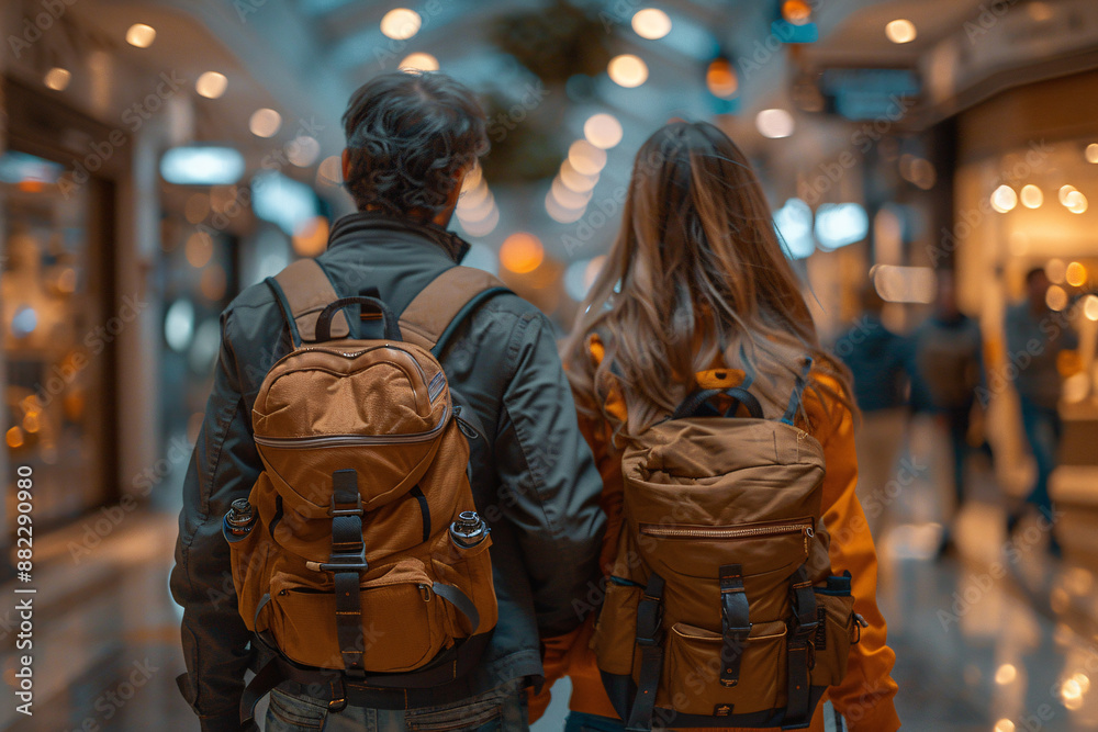 A couple with backpacks walk through a brightly lit, bustling shopping mall. Their backs are turned, highlighting their togetherness amid the urban environment A couple with backpacks walk through a brightly lit, bustling shopping mall. Their backs are turned, highlighting their togetherness amid the urban environment