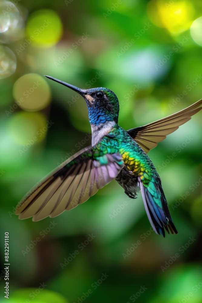Fototapeta premium Vibrant hummingbird in flight with green blurred background