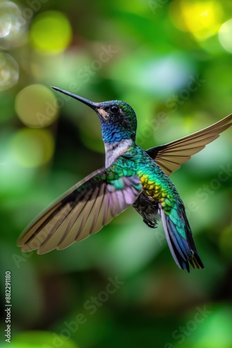 Vibrant hummingbird in flight with green blurred background