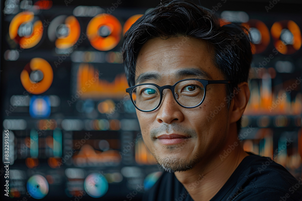 A man with glasses against a blurred background of colorful circular gauges and graphs, giving a technical, focused look A man with glasses against a blurred background of colorful circular gauges and graphs, giving a technical, focused look