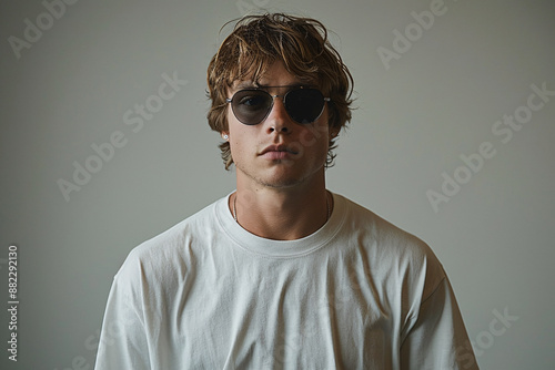 Sandy-haired man in a white t-shirt, wearing round sunglasses, exudes a casual, cool demeanor